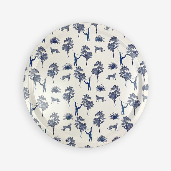 Blue Jungle Round Tray with tropical jungle pattern in blue featuring monkeys, trees, and leopards – Scandinavian birch wood, 39 cm diameter.