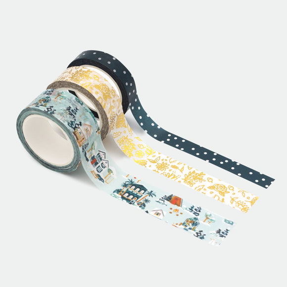 Snowy Houses Washi Tapes – box of 3 rolls with snowy house illustrations, golden floral motifs, and polka dots, by All the Ways to Say.