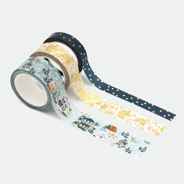 Snowy Houses Washi Tapes – box of 3 rolls with snowy house illustrations, golden floral motifs, and polka dots, by All the Ways to Say.