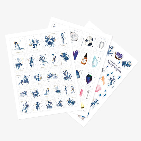 Spiritual Stuff Stickers Set by All the Ways to Say with 3 eco-friendly sheets and 110 mystical designs featuring zodiac signs, crystals and symbols.