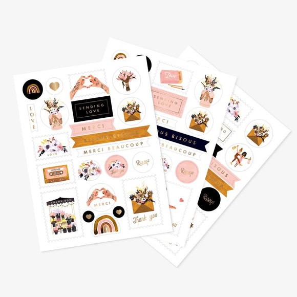 Love & Thank You Stickers Set by All the Ways to Say with 3 eco-friendly sheets and 66 heartfelt designs for gifts, journals and decoration.