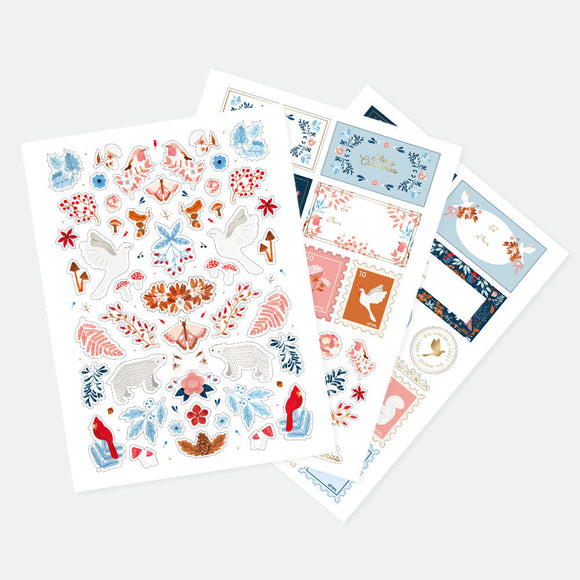White Winter Stickers Set by All the Ways to Say with 3 eco-friendly sheets and 110 seasonal designs featuring polar bears, florals and woodland motifs.