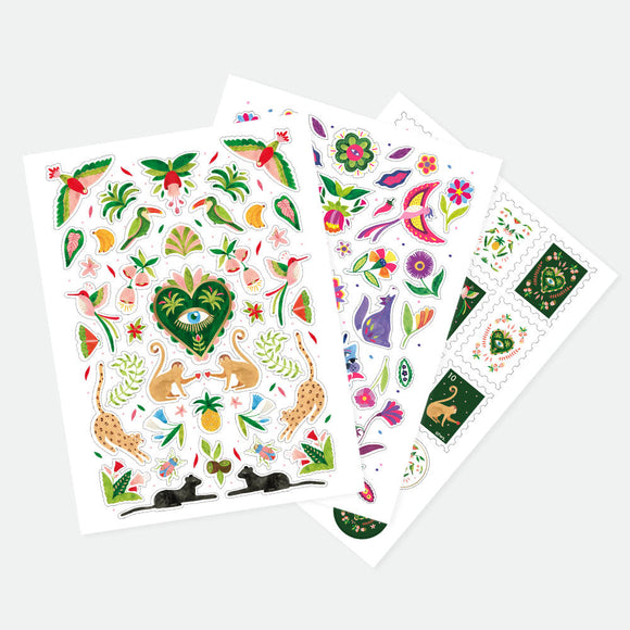 Mexican Jungle Stickers Set by All the Ways to Say with 3 eco-friendly sheets and 110 colorful designs of exotic animals, plants and folkloric patterns.