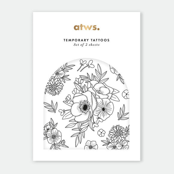 Old School Flowers temporary tattoo set with detailed black floral illustrations – 2 sheets, vegetable-based ink, by All the Ways to Say.