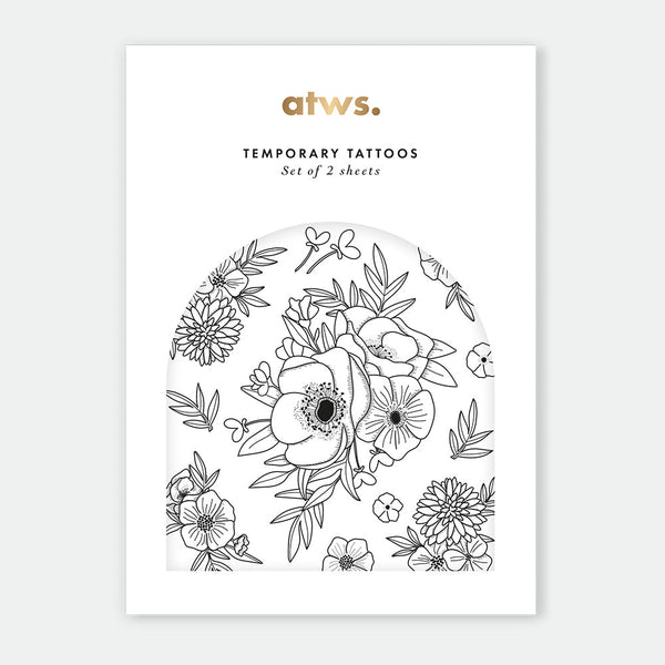 Old School Flowers temporary tattoo set with detailed black floral illustrations – 2 sheets, vegetable-based ink, by All the Ways to Say.