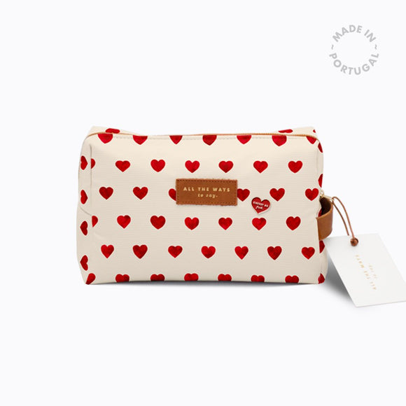 F*cking Cute Toiletry Bag by All the Ways to Say with red hearts print, recycled polyester, vegan leather tag, YKK zipper, made in Portugal, limited edition with heart pin.