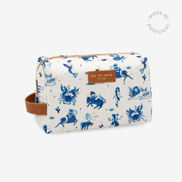 Astro Toiletry Bag by All the Ways to Say with blue constellation inspired print, recycled polyester, vegan leather tag and YKK zipper made in Portugal.