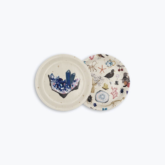 Curiosity Coasters Tray – round birch wood tray with crystal and natural wonders illustrations, eco-friendly, dishwasher safe, by All the Ways to Say.