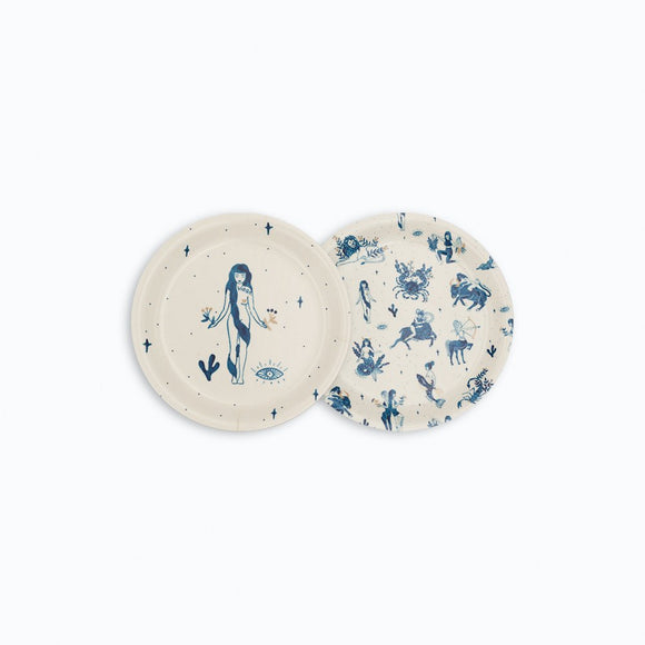 Virgo round coaster tray with zodiac design in blue, featuring Virgo maiden symbol and celestial motifs – birch wood, 11 cm diameter.
