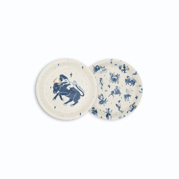Taurus round coaster tray with zodiac design in blue, featuring Taurus bull symbol and celestial motifs – birch wood, 11 cm diameter.