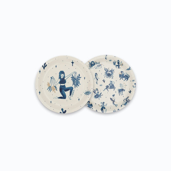Libra round coaster tray with zodiac design in blue, featuring Libra scales symbol and celestial motifs – birch wood, 11 cm diameter.