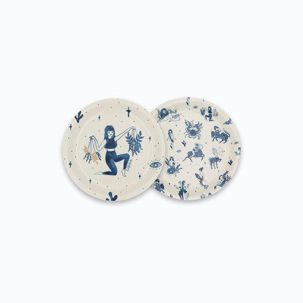 Libra round coaster tray with zodiac design in blue, featuring Libra scales symbol and celestial motifs – birch wood, 11 cm diameter.
