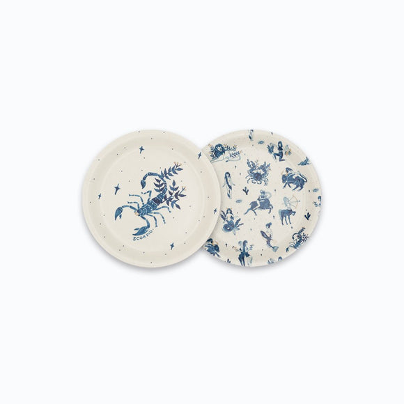 Scorpio round coaster tray with zodiac design in deep blue, featuring Scorpio symbol and celestial constellations – birch wood, 11 cm diameter.