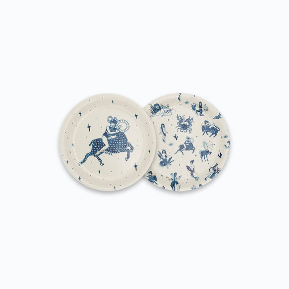 Aries round coaster tray with zodiac design in blue, featuring Aries ram symbol and celestial motifs – birch wood, 11 cm diameter.