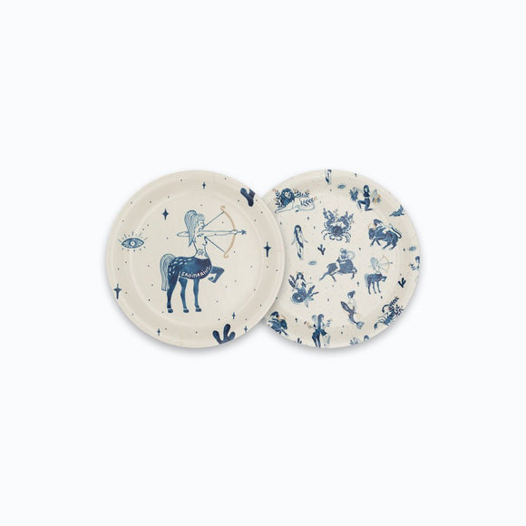 Sagittarius round coaster tray with zodiac design in blue, featuring Sagittarius archer symbol and celestial motifs – birch wood, 11 cm diameter.