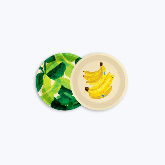 Bananas round coaster tray with bright yellow bananas and tropical green leaves – birch wood, 11 cm diameter.