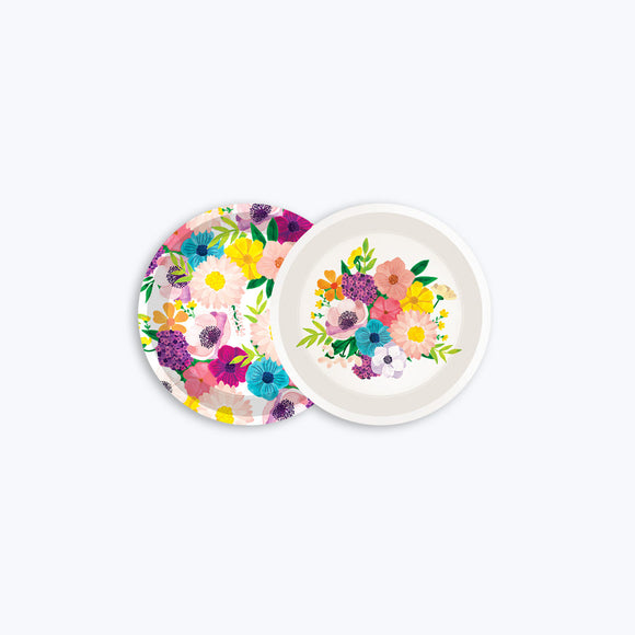 Granny Lilac round coaster tray with colorful floral bouquet in lilac, pink, yellow, and turquoise – birch wood, 11 cm diameter.