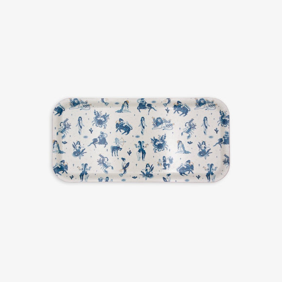 Astro rectangular coffee tray with blue zodiac illustrations on white background – birch wood, 13.5 x 27.5 cm.