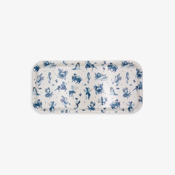 Astro rectangular coffee tray with blue zodiac illustrations on white background – birch wood, 13.5 x 27.5 cm.