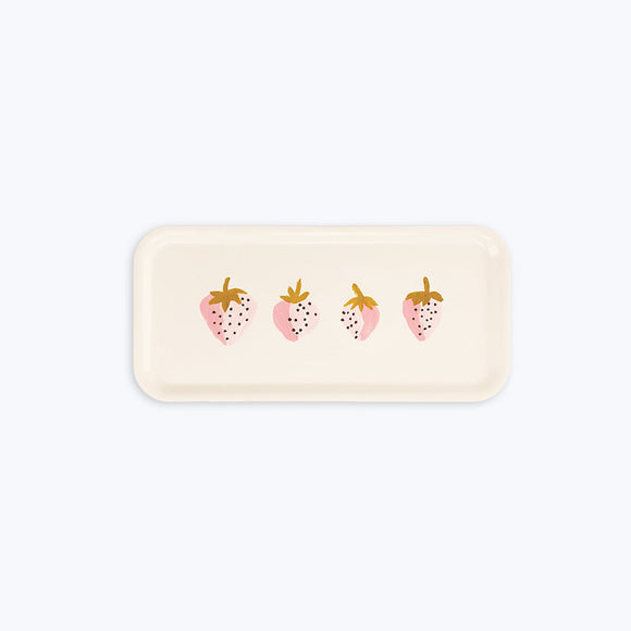 Strawberries rectangular coffee tray with pink and gold strawberry illustrations on cream background – birch wood, 13.5 x 27.5 cm.