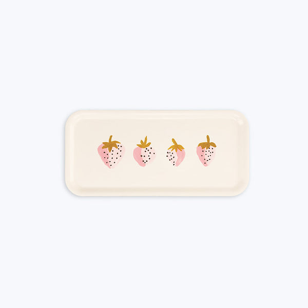 Strawberries rectangular coffee tray with pink and gold strawberry illustrations on cream background – birch wood, 13.5 x 27.5 cm.
