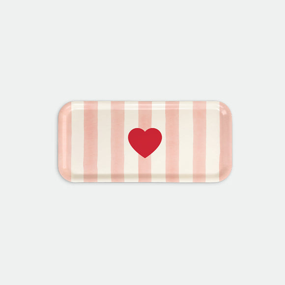 Rectangular coffee tray with pink vertical stripes and a red heart in the center, Pink Stripes by All the Ways to Say