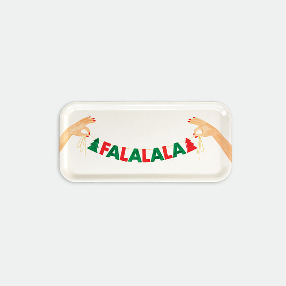 A white coffee tray with 'FALALALA' text in red and green Christmas-themed decorations.