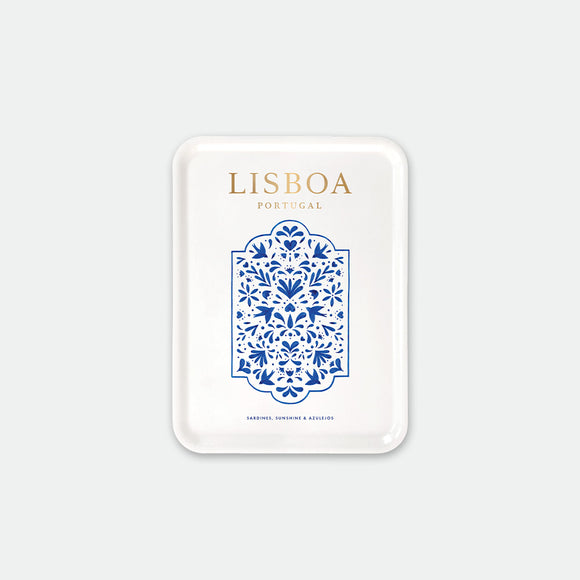 Rectangular breakfast tray with blue azulejo-inspired pattern and golden “Lisboa Portugal” text, Lisboa by All the Ways to Say