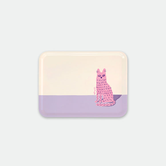 Rectangular breakfast tray with whimsical pink cat illustration on lavender and cream background, Lonely Cat by All the Ways to Say