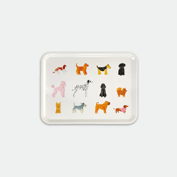 Rectangular breakfast tray with colorful dog illustrations including Dalmatian, Poodle, Dachshund and more, Dogue by All the Ways to Say