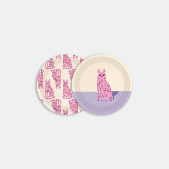 Set of two round coasters, one with a pink cat on lavender background and one with repeating pink cat pattern on cream, Lonely Cat by All the Ways to Say