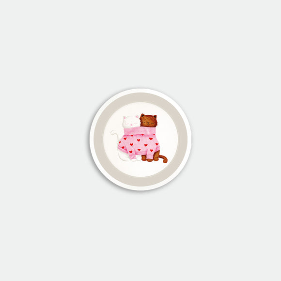 Round coaster tray featuring two cats cuddled in a shared pink sweater with red hearts, Together Cats design by All the Ways to Say