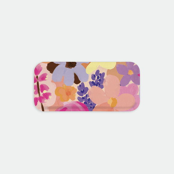 Rectangular coffee tray with a colorful floral pattern in pink, purple, yellow and blue tones, Flower Garden by All the Ways to Say