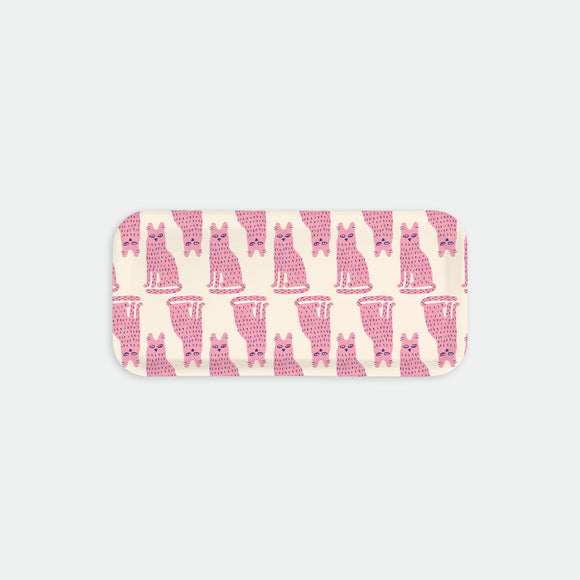 Rectangular coffee tray with repeating pink cat pattern on a cream background, Lonely Cat by All the Ways to Say
