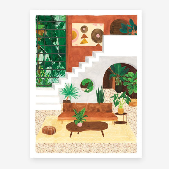 A poster showing a vintage and comfy living room full of plants.