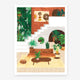 A poster showing a vintage and comfy living room full of plants.