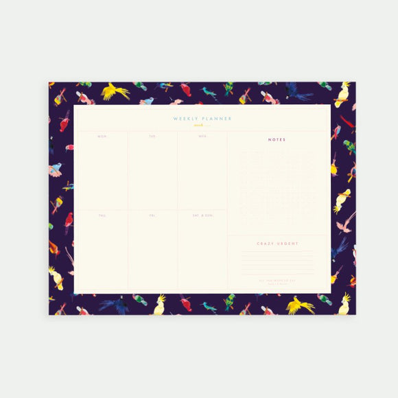 A weekly planner with a purple background and a colorful array of neon-style birds in various positions and colors throughout the pages.