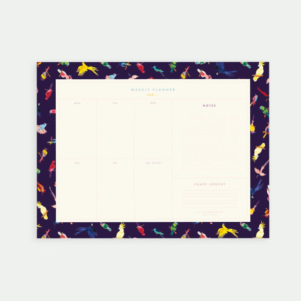 A weekly planner with a purple background and a colorful array of neon-style birds in various positions and colors throughout the pages.