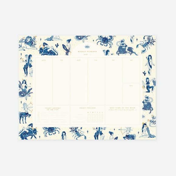A weekly planner with blue illustrations of celestial bodies and figures on a white background.