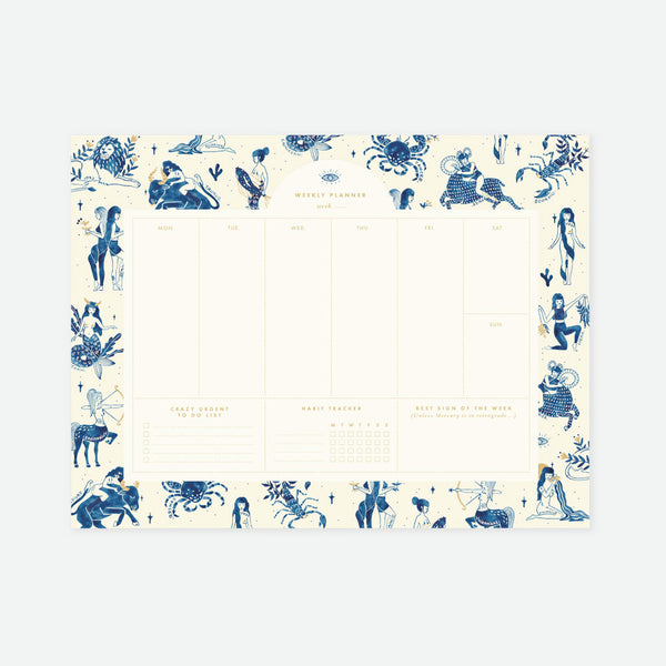 A weekly planner with blue illustrations of celestial bodies and figures on a white background.