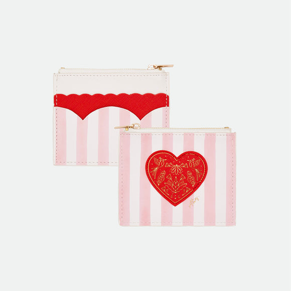 Pink Stripes Wallet by All the Ways to Say in premium PU leather with pink striped design, red heart detail, and golden zip closure