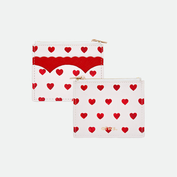 Red Hearts Wallet by All the Ways to Say in premium PU leather with red heart pattern and golden zip detail