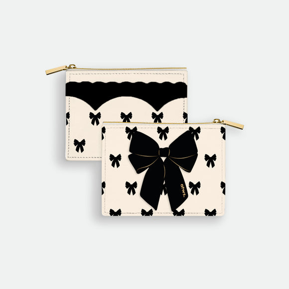Black Bow Wallet by All the Ways to Say in premium PU leather with black bow motif and golden zip detail
