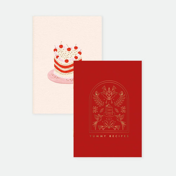 Yummy Recipes Pocket Notebook A6 Duo – illustrated covers with playful cake design and red cover with golden recipe motifs, by All the Ways to Say.