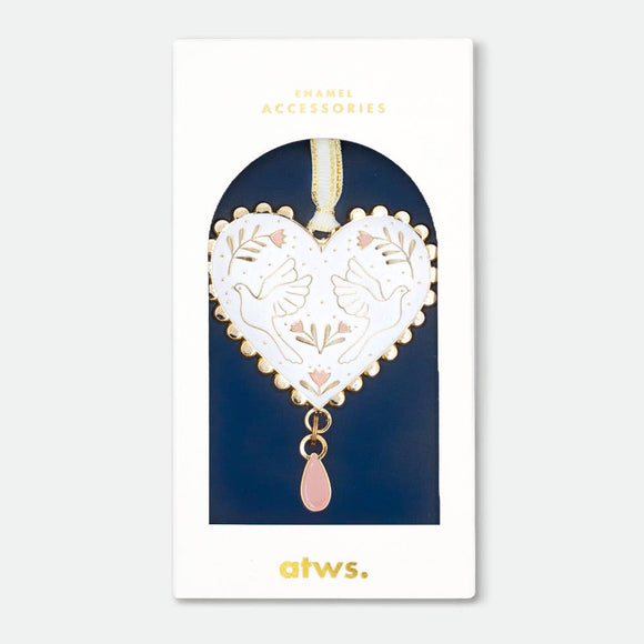 Teardrop Christmas Ornament by All the Ways to Say enamel with gold plating shaped like a heart with doves and pink teardrop holiday decoration.