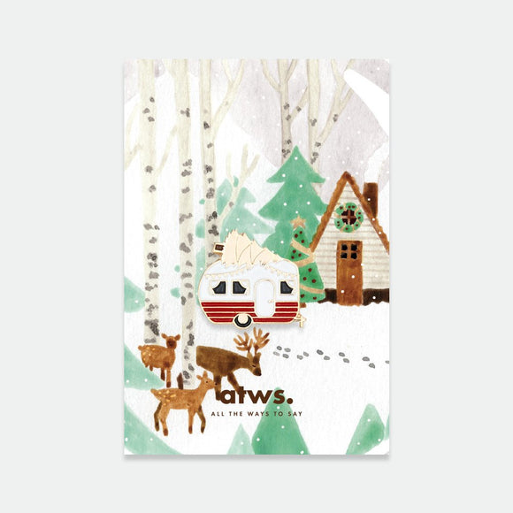 Xmas Caravan Pin – enamel retro accessory shaped like a red and white caravan with a Christmas tree on top, gold plating, by All the Ways to Say.