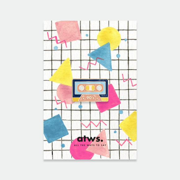 Small Tape Pin – enamel retro accessory shaped like a colorful 90’s cassette tape with gold plating, by All the Ways to Say.