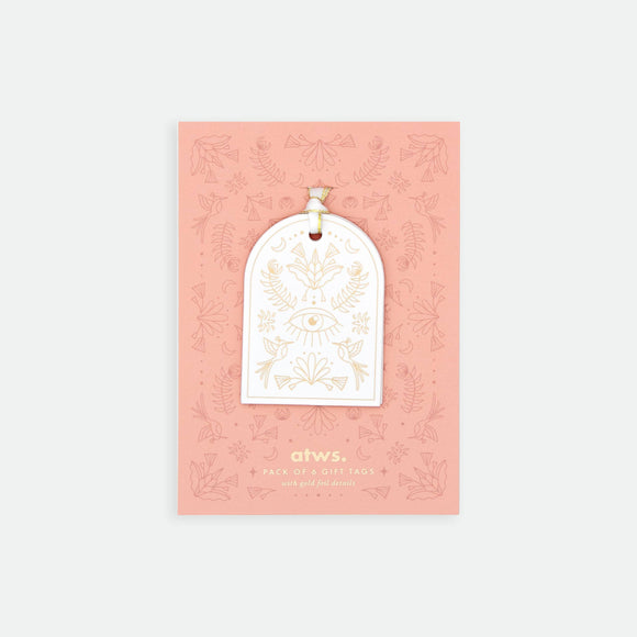 Arche Gift Tag Set – pack of 6 paper tags with arch shape, symbolic golden motifs, and gold foil details, by All the Ways to Say.