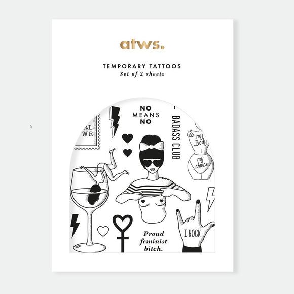 GrlPwr Tattoo Set – 2 sheets of bold temporary tattoos with empowering feminist designs and slogans, vegetable-based ink, by All the Ways to Say.