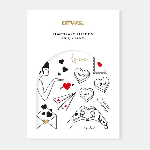 Love Tattoo Set – 2 sheets of temporary tattoos with hearts, love letters, playful messages, and gold details, by All the Ways to Say.